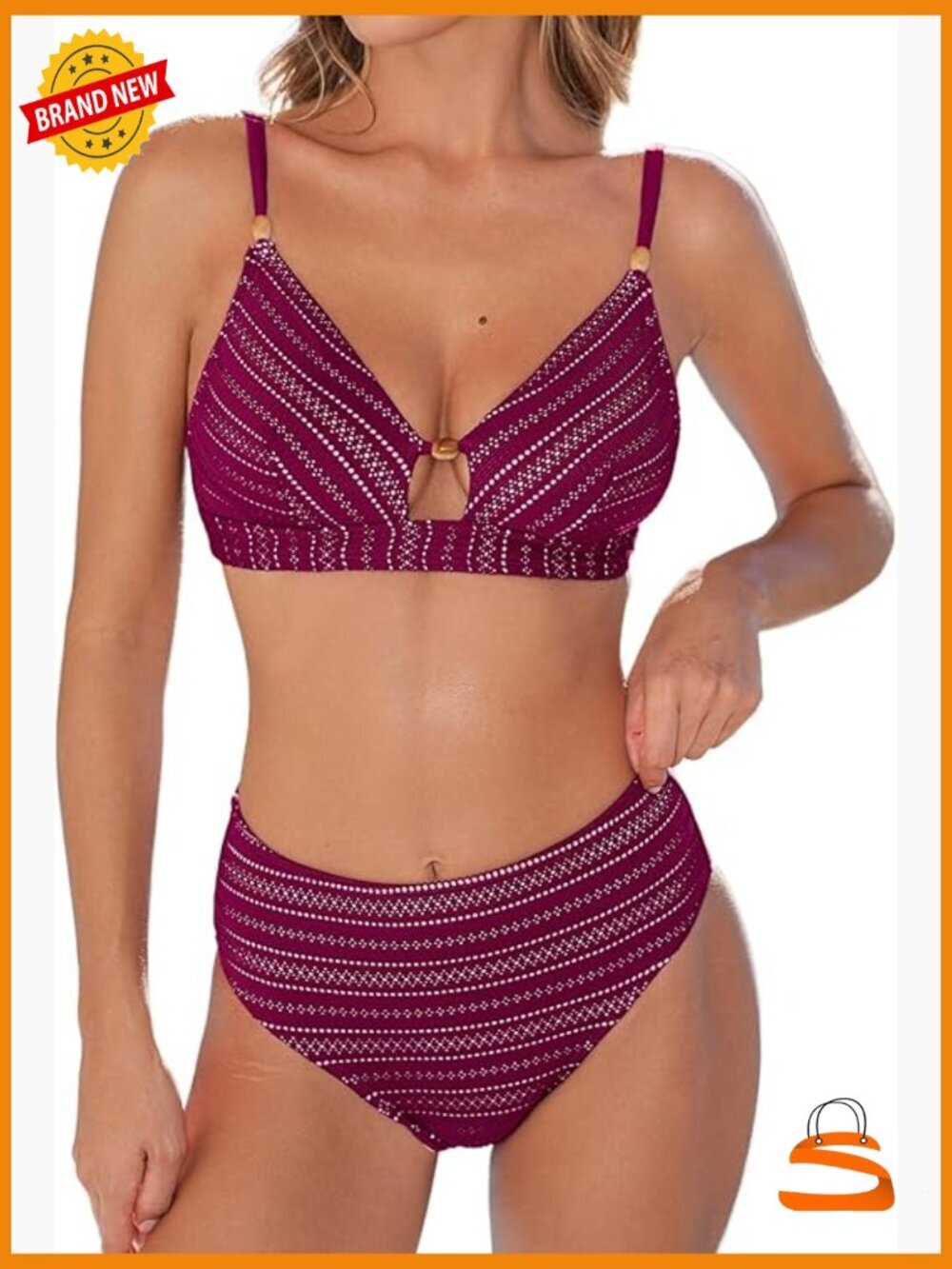 Women's Textured Bikini Set with Beaded V-Neck